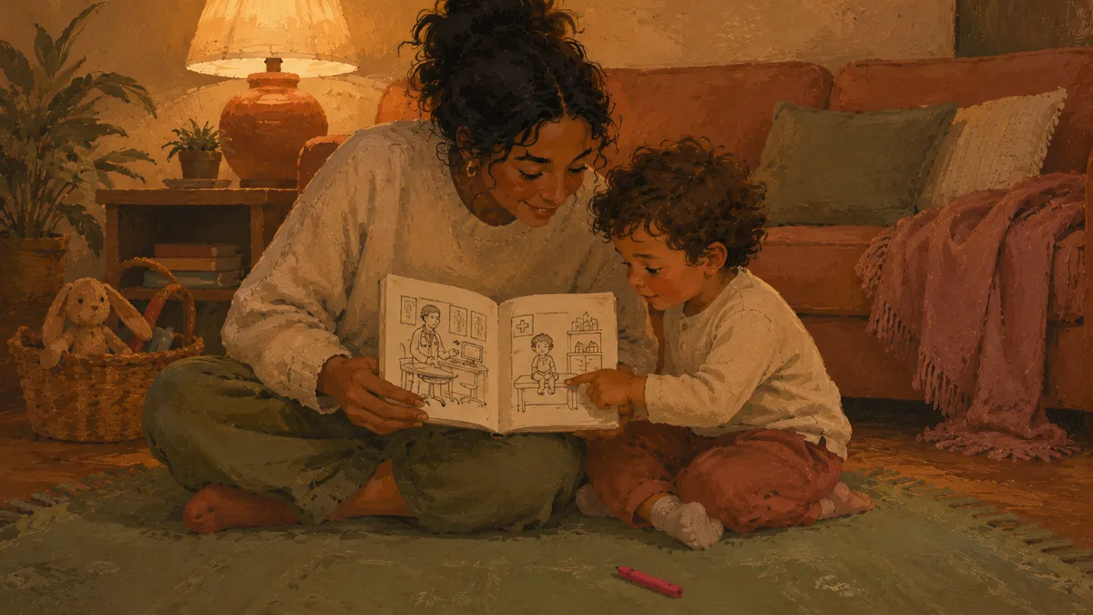 A parent and young child sitting on the floor together reading a hand-illustrated social story booklet about going to the doctor.