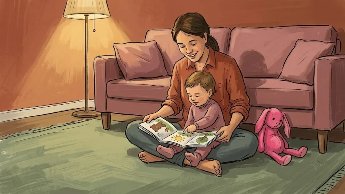 A parent and young child sitting on the floor together reading a simple hand-illustrated social story booklet, page by page.