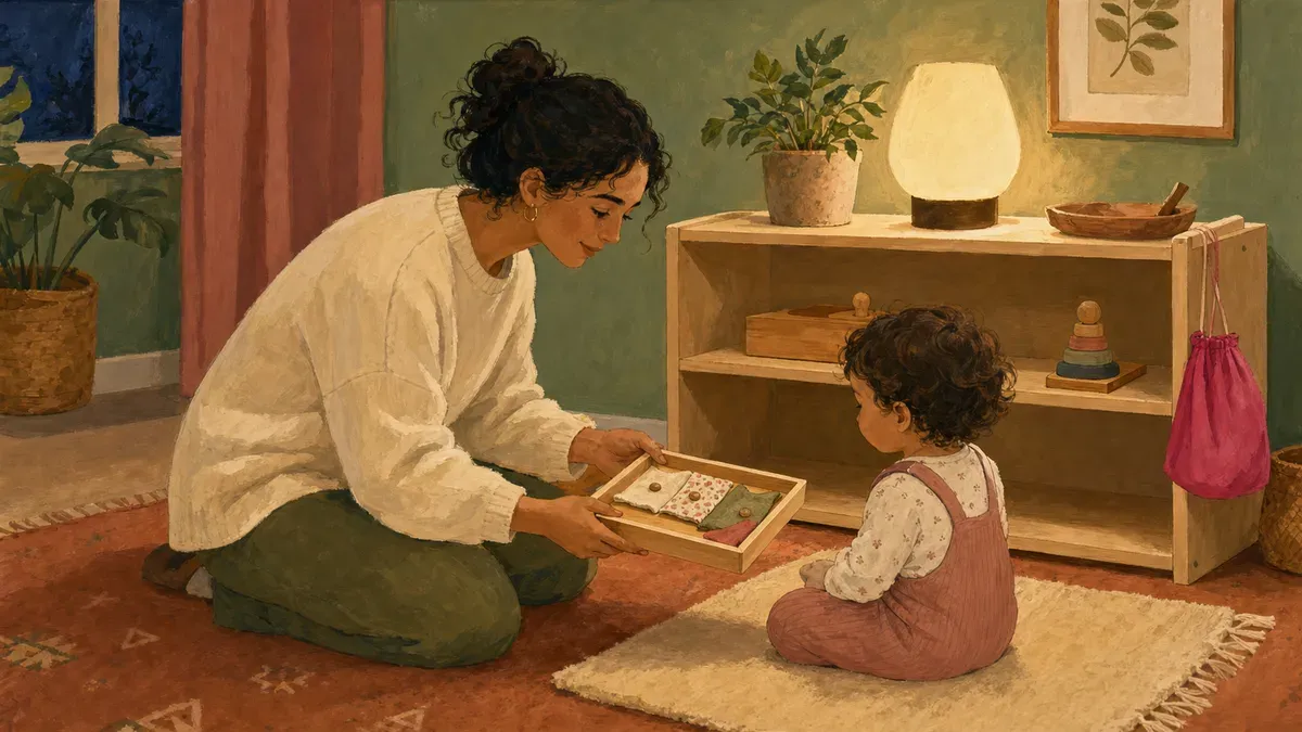 A parent calmly presenting a sensorial tray to a settled toddler beside a low open shelf