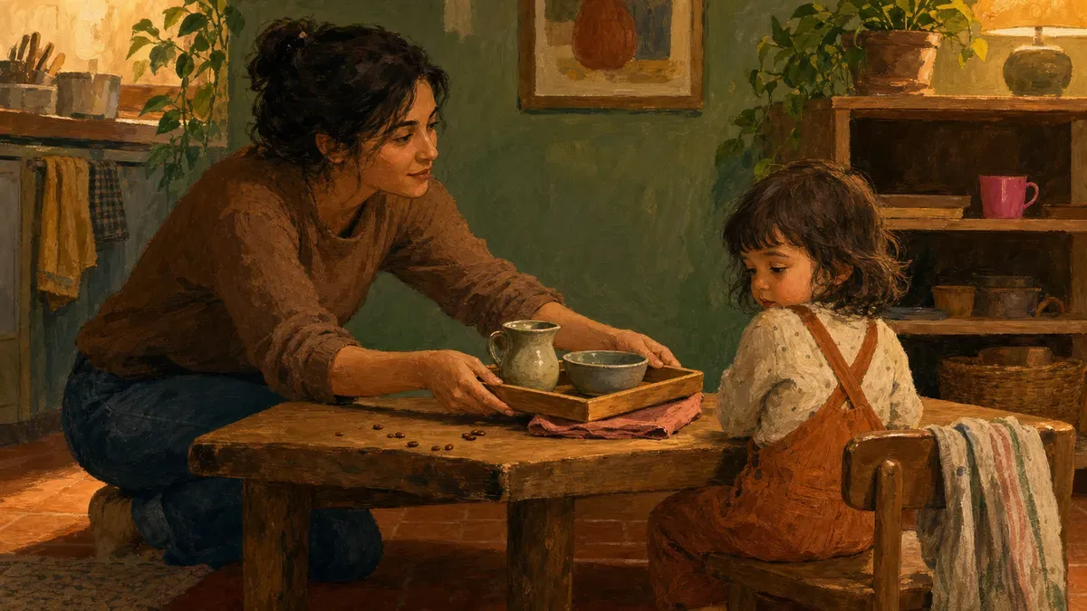 A parent calmly re-presenting a tray to a child who lost interest in the activity