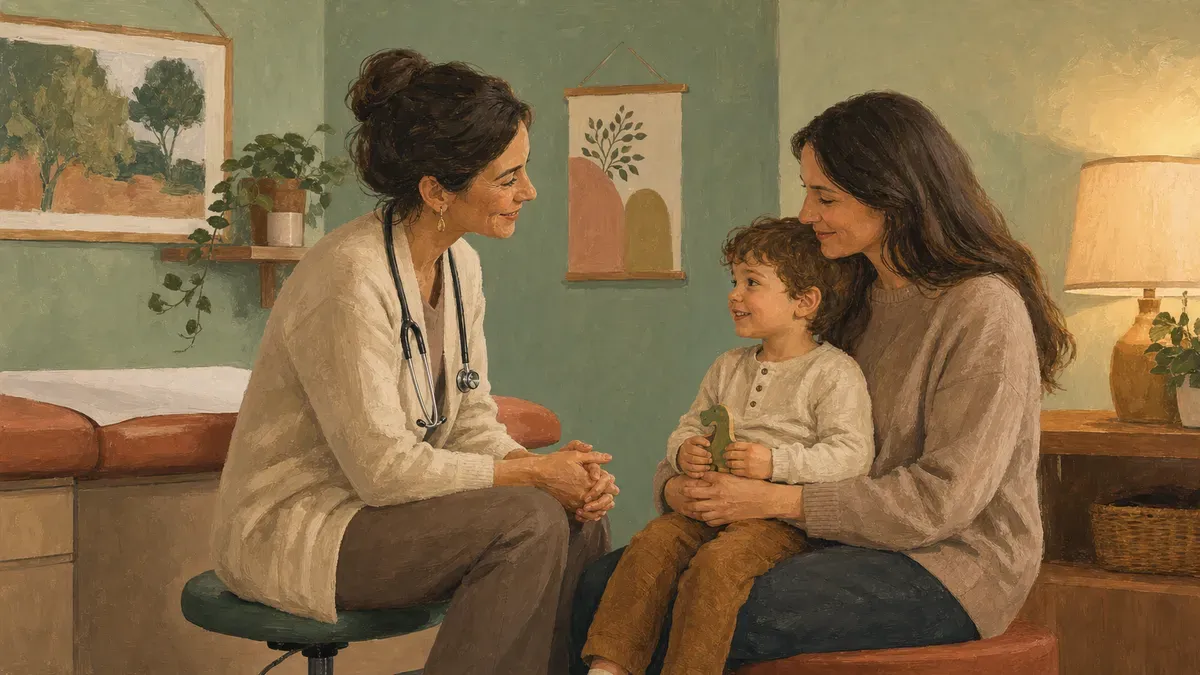 A pediatrician talking with a parent and young child in a calm clinic room