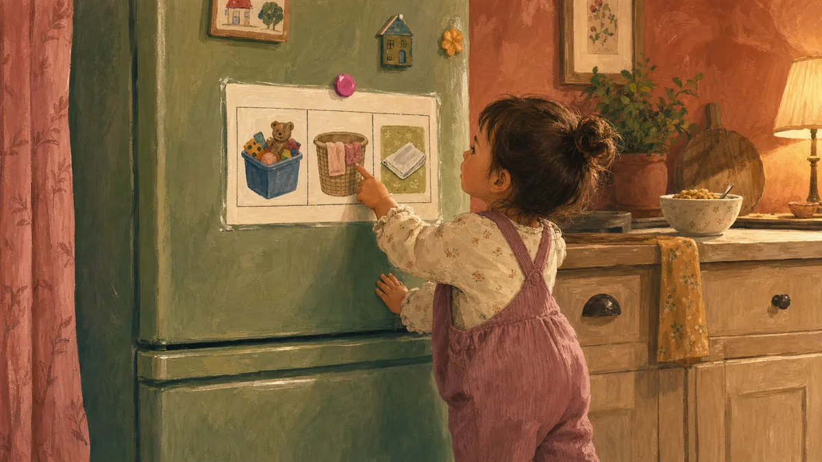 A preschooler pointing at a colorful picture chore chart on the refrigerator, each task shown with a simple illustration instead of words.