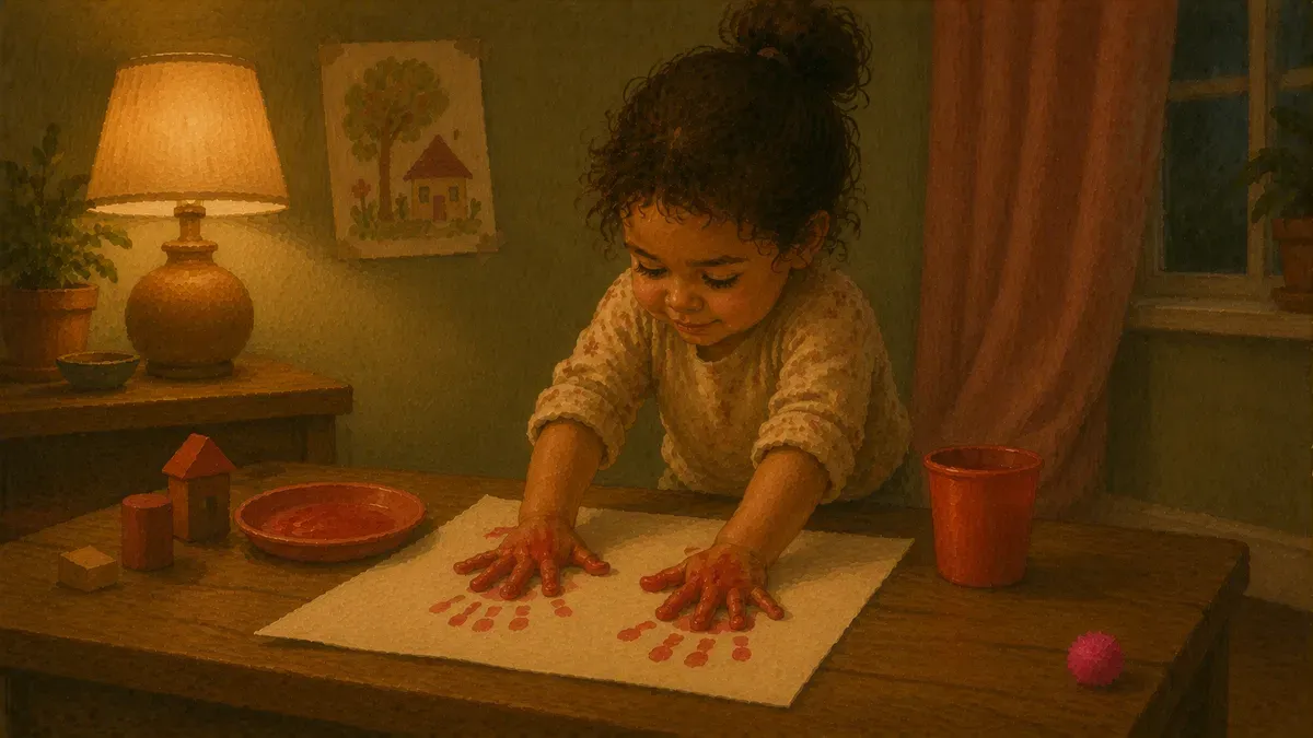 A preschooler pressing a red-painted hand onto white paper at a low table covered with simple color-sorting supplies.