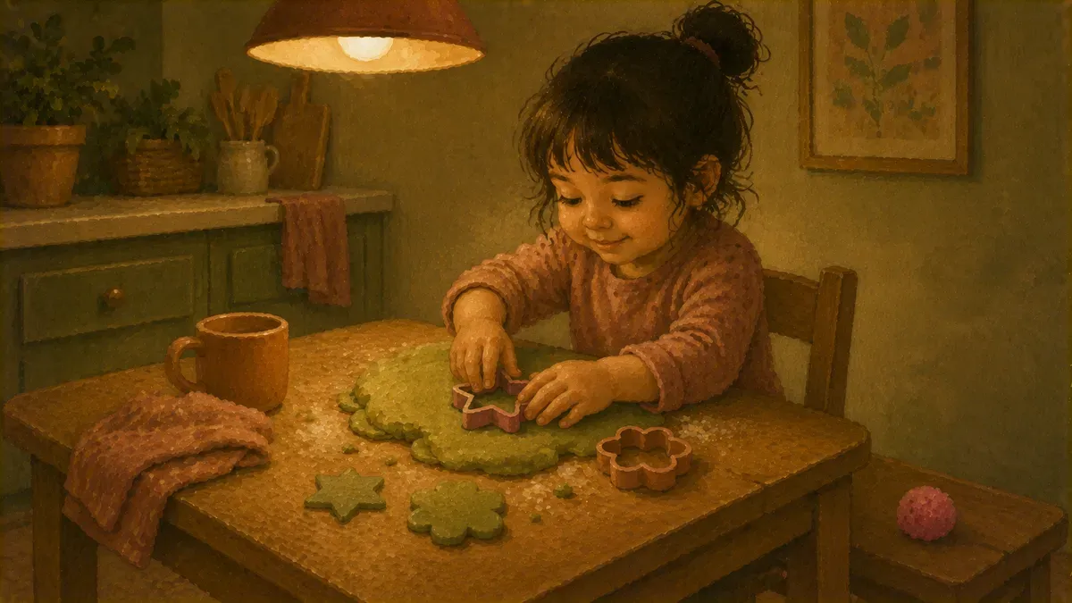 A preschooler pressing small cookie cutters into playdough at a wooden table, strengthening hand muscles for writing.