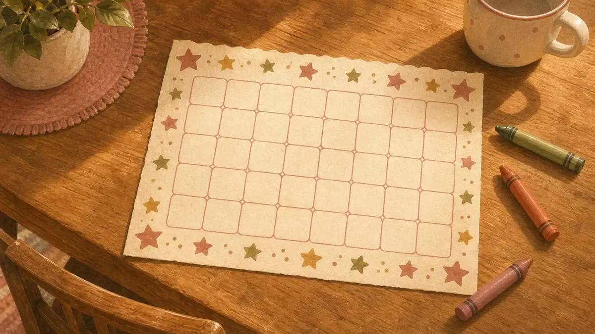 A printable potty training sticker chart template next to crayons on a kitchen table
