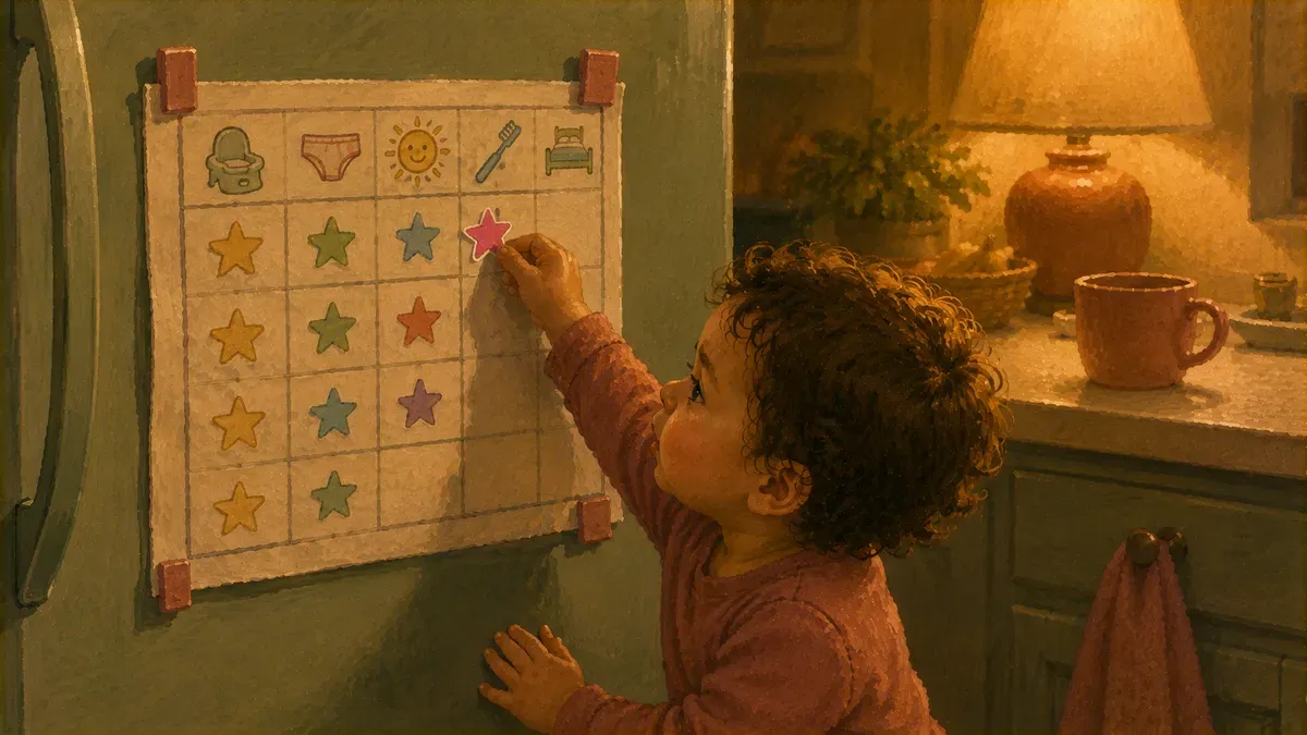 A printed reward chart with stickers on a fridge at a child's eye level