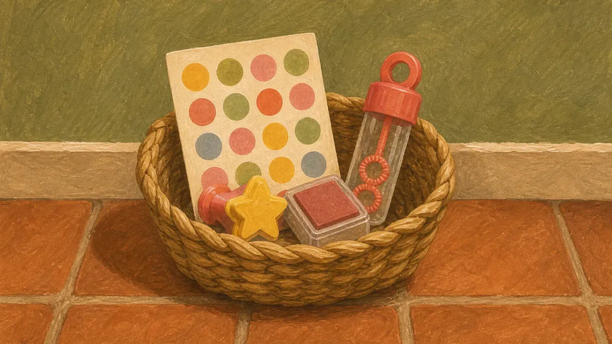 A small bin of non-candy potty training prizes like stamps, bubbles and stickers