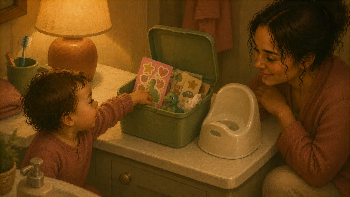 A small dollar-store bin filled with little wrapped toys, stickers, and trinkets sitting on a bathroom counter beside a toddler potty