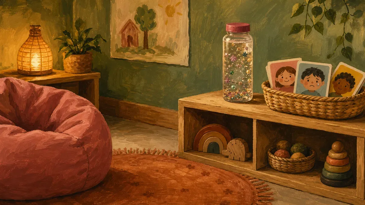 A soft, low-to-the-floor preschool cozy corner with a bean bag, a few sensory bottles, and simple feelings cards tucked into a small basket on a classroom rug.