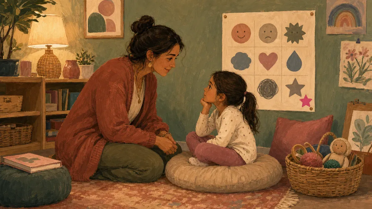 A teacher kneeling beside a young child in a cozy classroom calming corner with soft lighting, pillows, and a feelings chart on the wall.