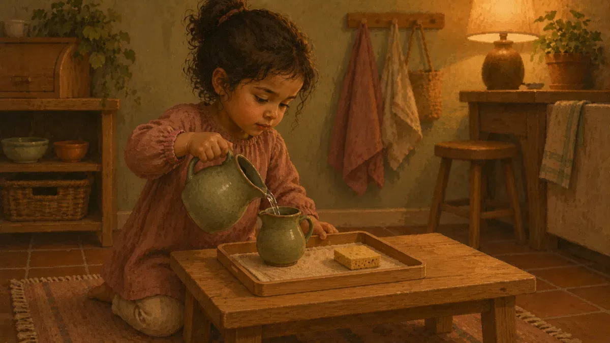 A three-year-old girl carefully pouring water between small pitchers at a low wooden table, practicing a Montessori practical life activity.
