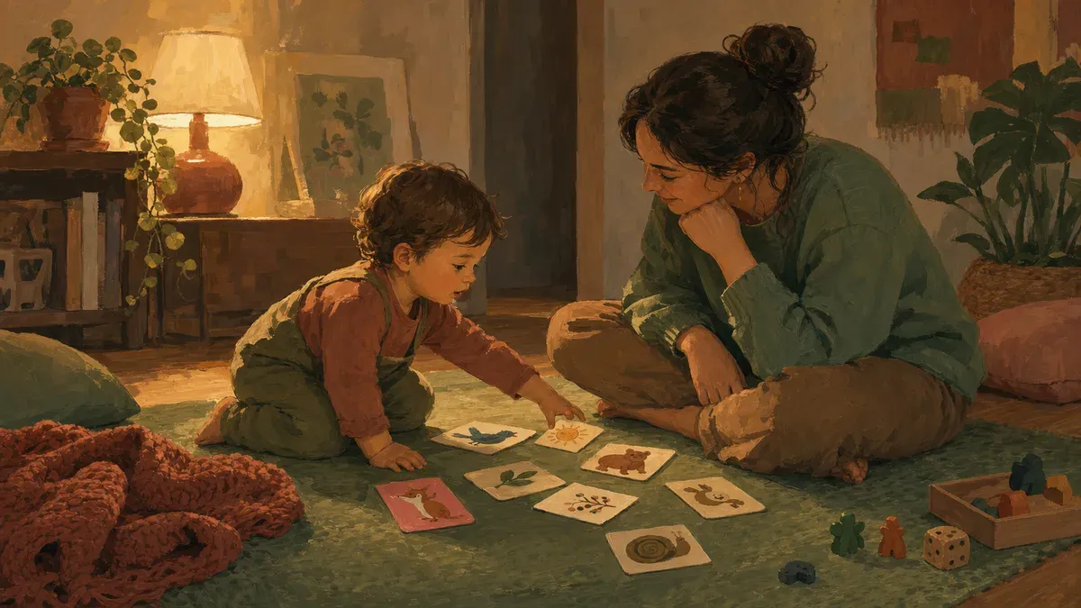 A toddler and parent sitting on a play mat together, the child reaching for colorful picture cards during a simple speech-building game at home.