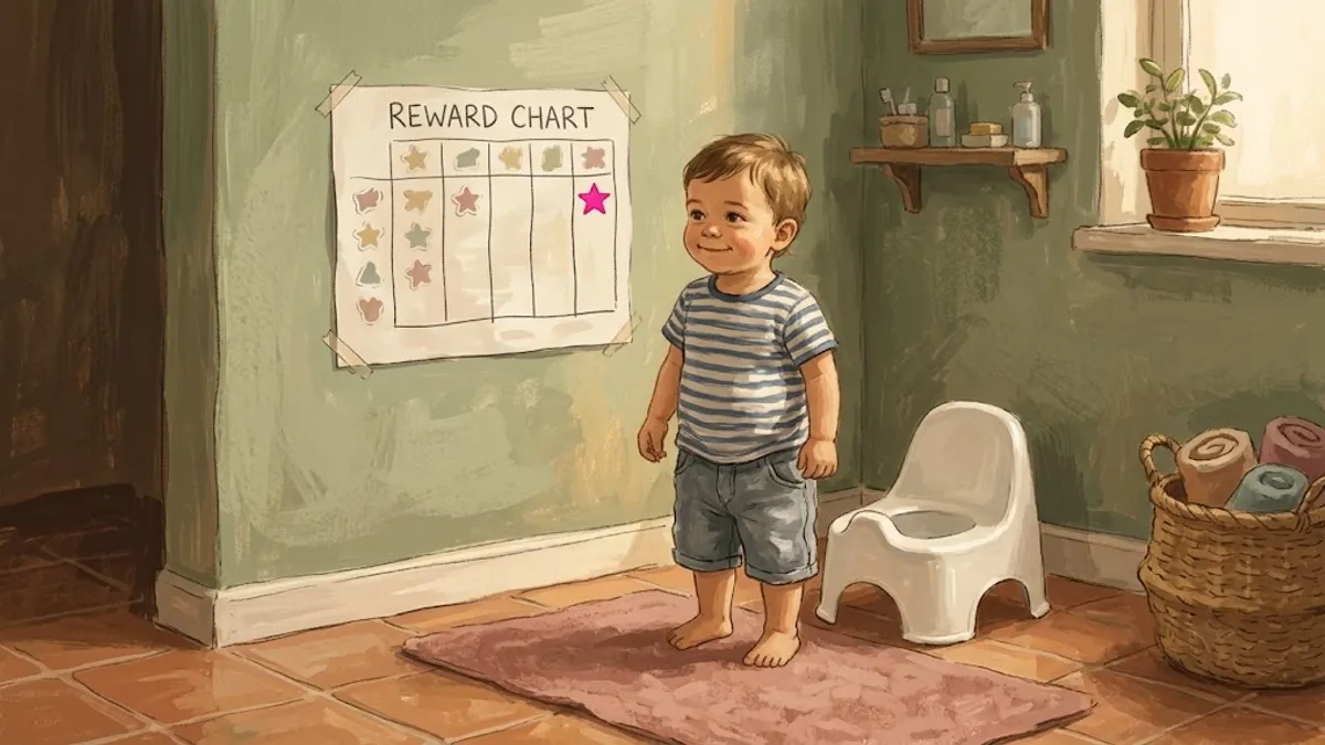 A toddler boy standing proudly next to a small potty chair in a sunny bathroom, with a sticker reward chart on the wall behind him.
