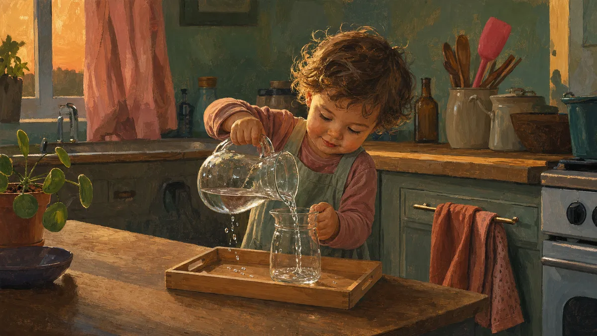 A toddler carefully pouring water between small pitchers on a wooden Montessori tray set up on a kitchen counter.