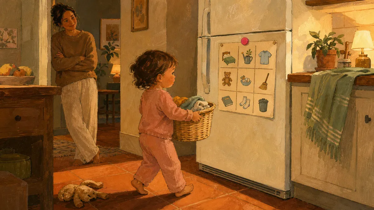 A toddler carrying a small laundry basket toward a colorful chore chart posted on the refrigerator while a parent watches from the kitchen doorway.