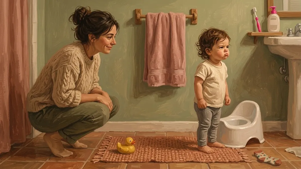 A toddler in a bathroom standing next to a small potty chair, looking away while a patient mom crouches down beside them at eye level.