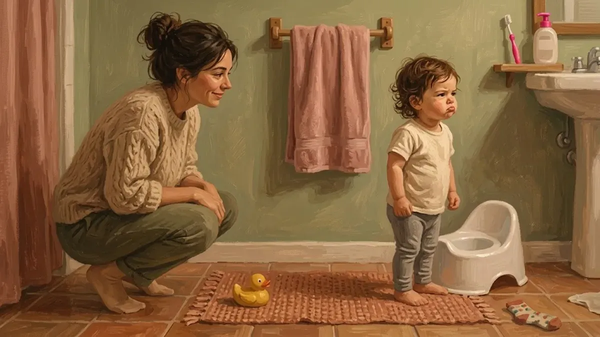 A toddler in a bathroom standing next to a small potty chair, looking away while a patient mom crouches down beside them at eye level.