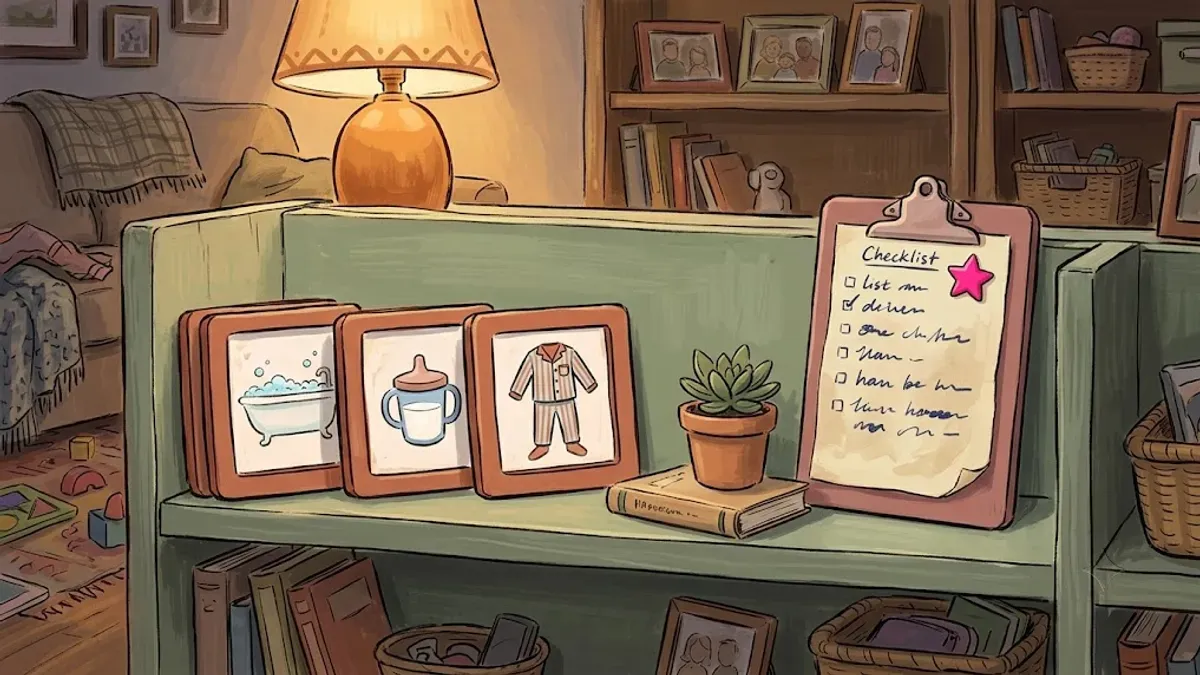 A toddler picture schedule next to a teen's written checklist showing how schedules mature with age