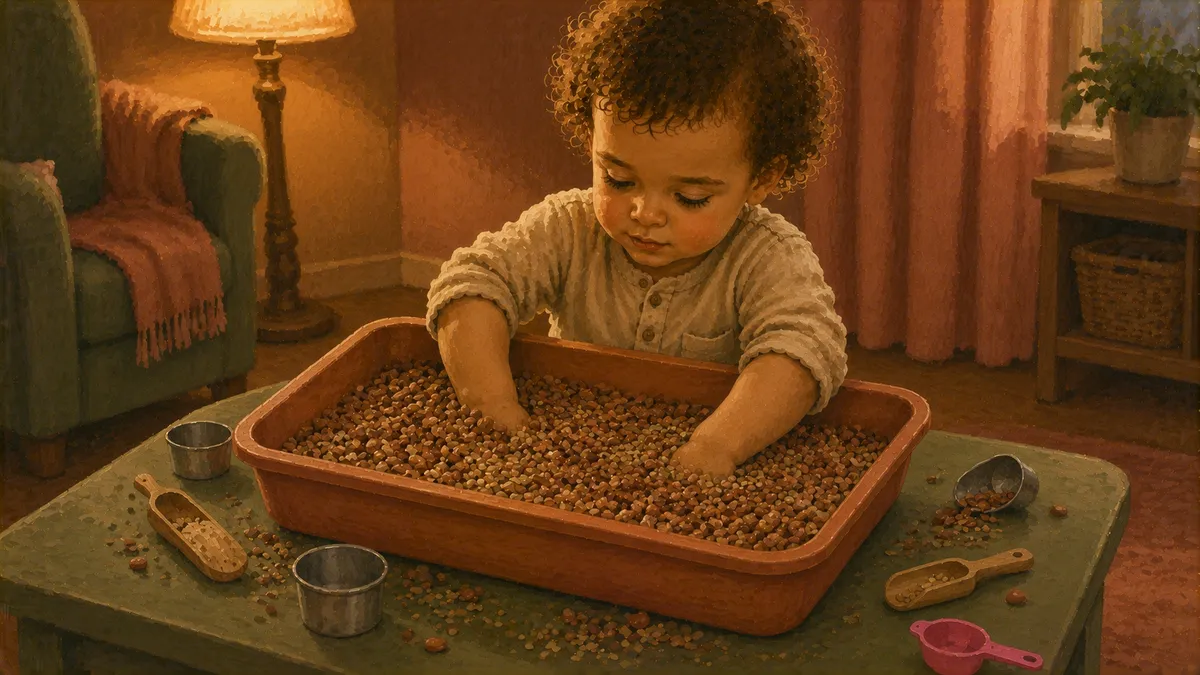 A toddler plunging both hands into a deep bin of dried beans and rice, surrounded by small scoops and containers on a low play table.
