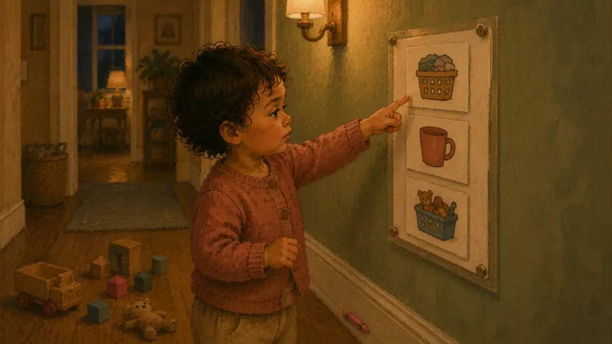 A toddler pointing to picture icons on a laminated chore chart hung at child height