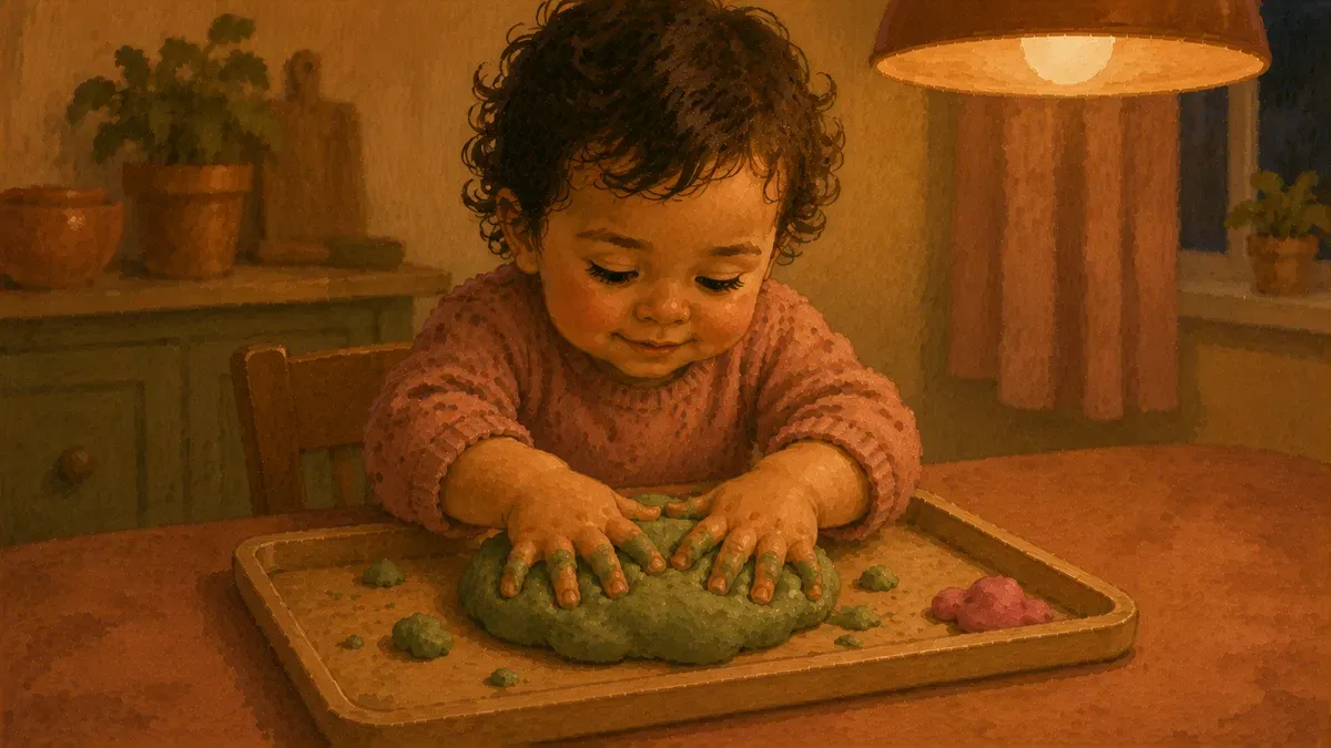 A toddler pressing and poking a ball of colorful playdough on a wooden tray, fully absorbed in sensory play.