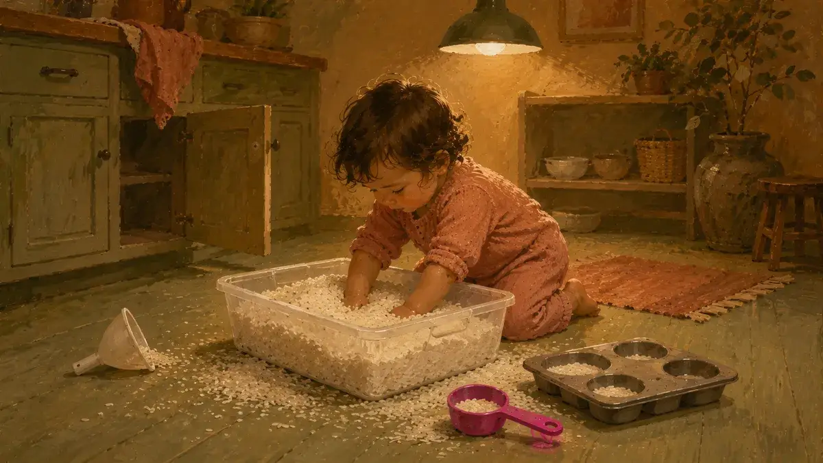 A toddler reaching both hands into a rice-filled sensory bin on the kitchen floor, with small scoops, a funnel, and a muffin tin nearby.