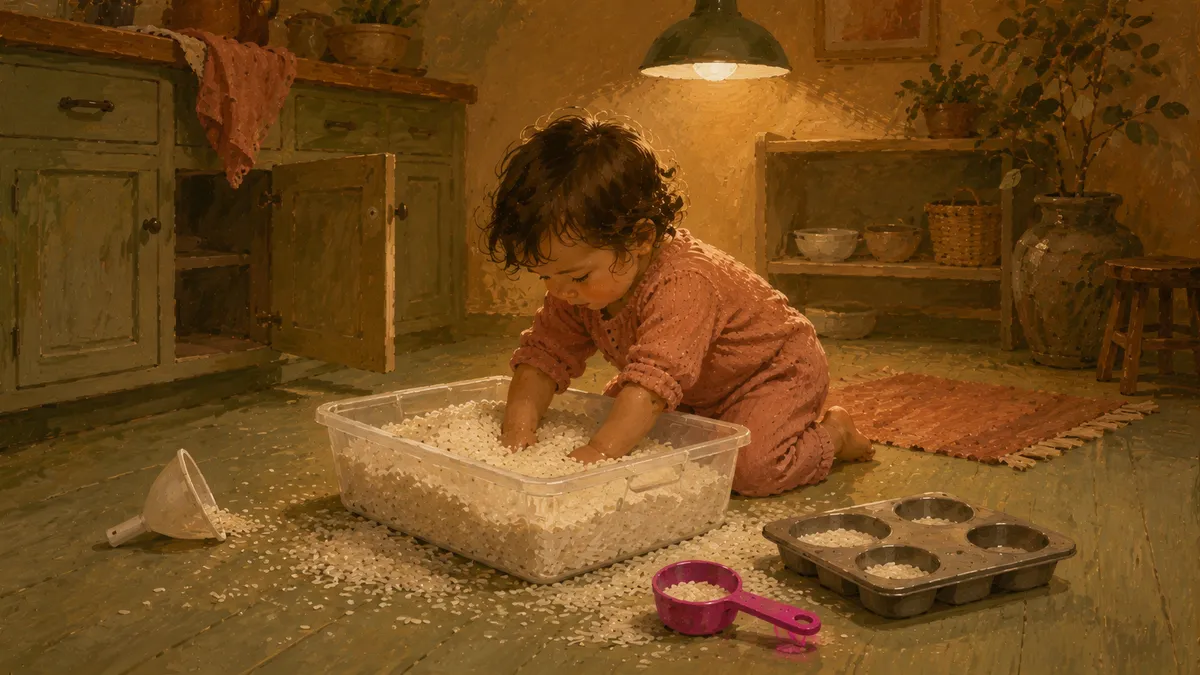 A toddler reaching both hands into a rice-filled sensory bin on the kitchen floor, with small scoops, a funnel, and a muffin tin nearby.