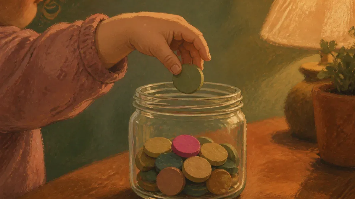 A toddler's hand dropping a colorful token into a clear glass jar