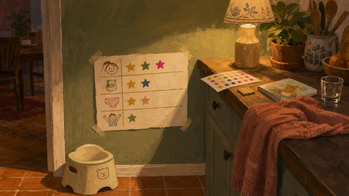 A toddler's potty training reward chart on the fridge with star stickers, beside everyday no-cost rewards like a story, a sticker, and a few crackers laid out on the kitchen counter.