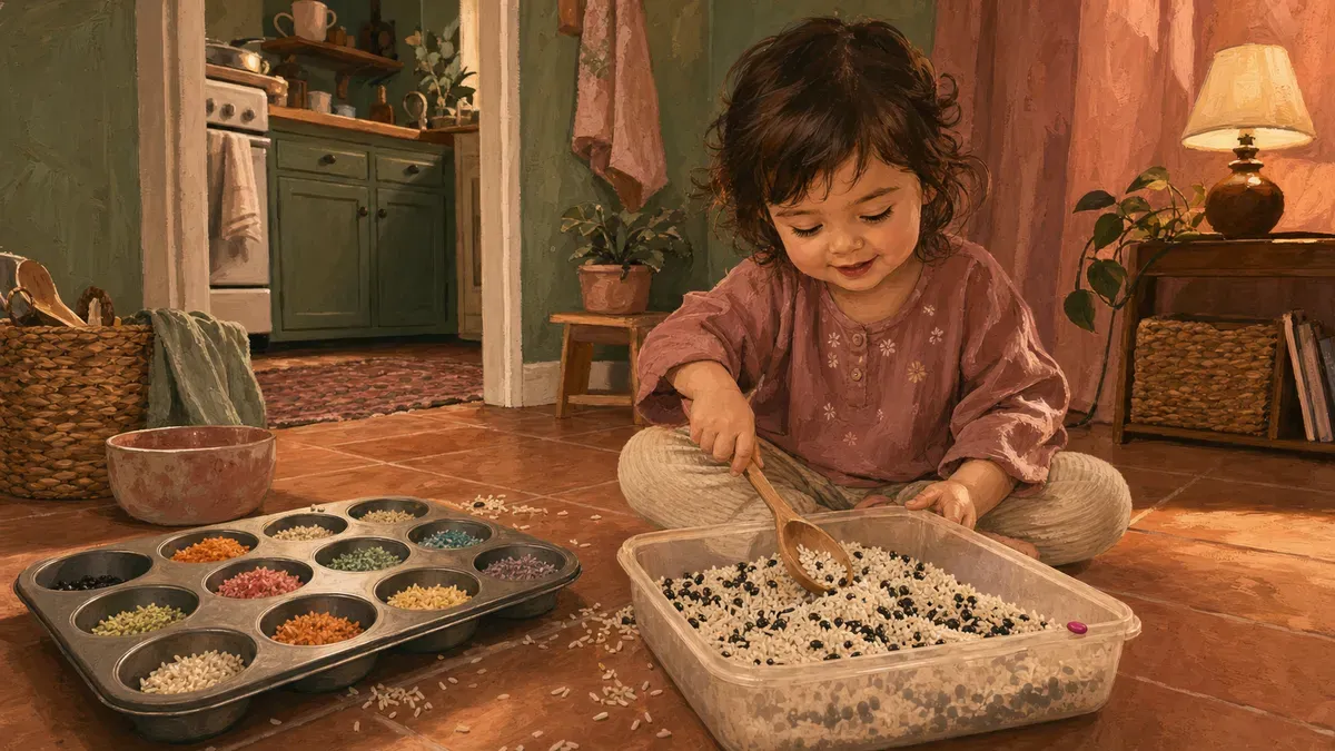 A toddler scooping dried rice and beans from a shallow plastic bin on a kitchen floor, with wooden spoons and a muffin tin nearby.