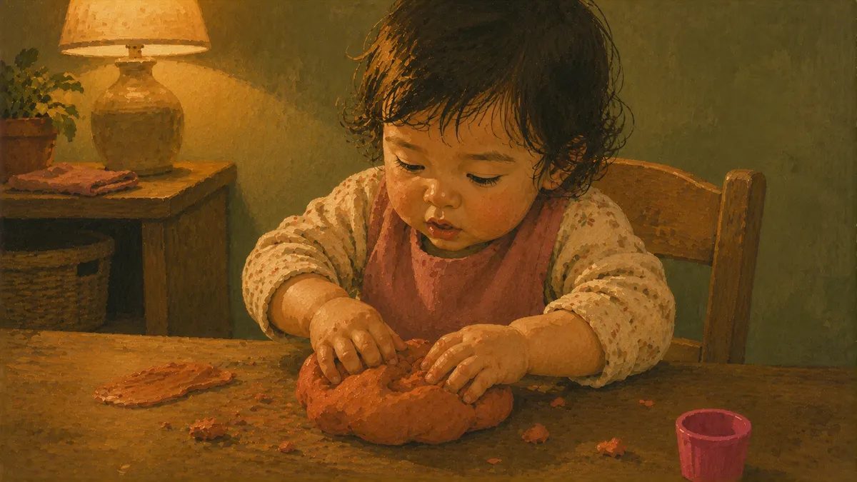 A toddler sitting at a kitchen table pressing their fingers into a ball of colorful play dough for the first time.