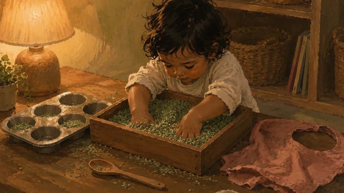 A toddler sitting at a low table with both hands buried in a bin of dyed rice, muffin tins and wooden spoons nearby, natural light from a side window.