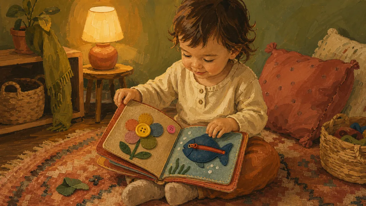A toddler sitting cross-legged on a rug, turning the felt pages of a handmade quiet activity book filled with buttons, zippers, and colorful shapes.