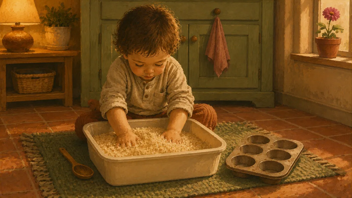 A toddler sitting on a kitchen floor with hands buried in a bin of blue-dyed rice, small wooden spoons and muffin tin nearby, calm and focused expression.
