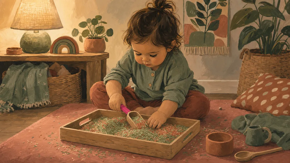 A toddler sitting on a play mat, hands buried in a wooden tray of colorful rice, fully absorbed in pouring and scooping with small Montessori tools.