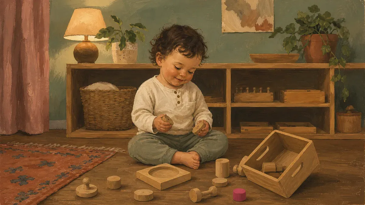 A toddler sitting on the floor of a simple home Montessori shelf area, surrounded by a few wooden materials, one tipped over and spilled, in a lived-in room with soft natural light.