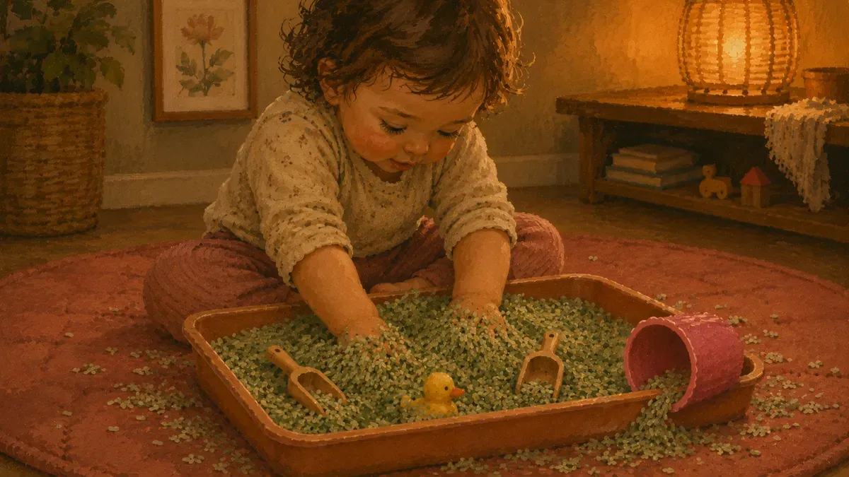 A toddler sitting on the floor with both hands buried in a rice sensory bin filled with small scoops and hidden toys, fully absorbed in play.
