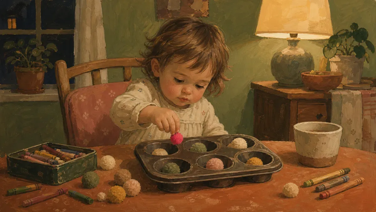 A toddler sorting colorful pom-poms into a muffin tin on a kitchen table, with crayons and craft supplies scattered nearby.