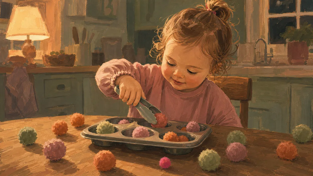 A toddler using child-size tongs to sort colorful pom poms into a muffin tin on a wood kitchen table, with a few scattered pom poms on the surface around the tray.