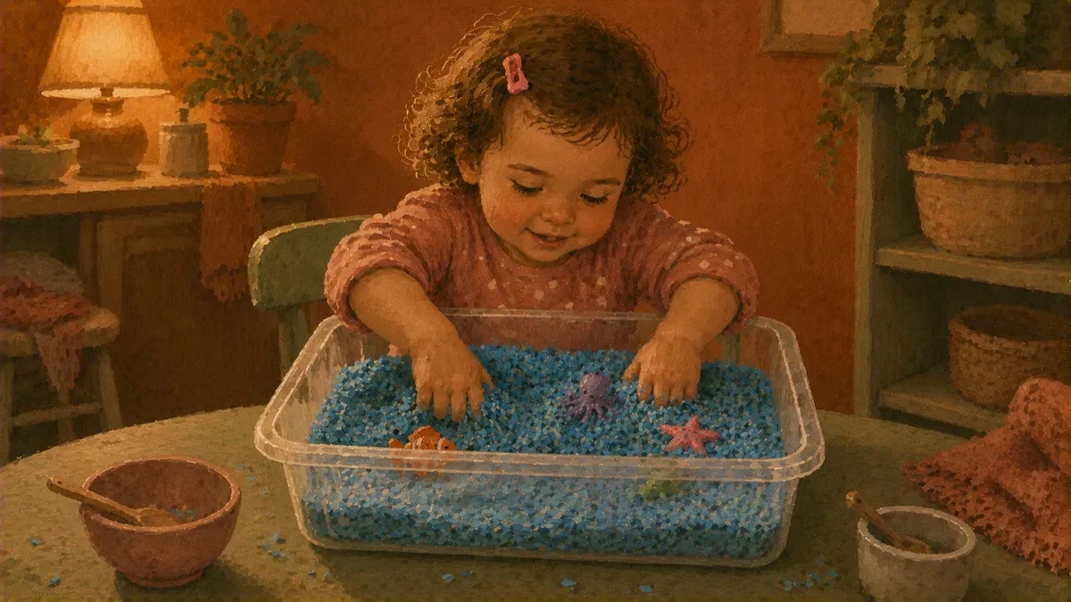 A toddler with hands buried in a blue rice ocean sensory bin filled with toy sea creatures, shells, and small scooping tools on a kitchen table.