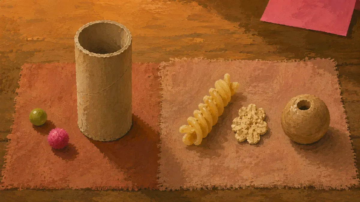 A toilet-paper-tube choke test next to small and large sensory bin fillers