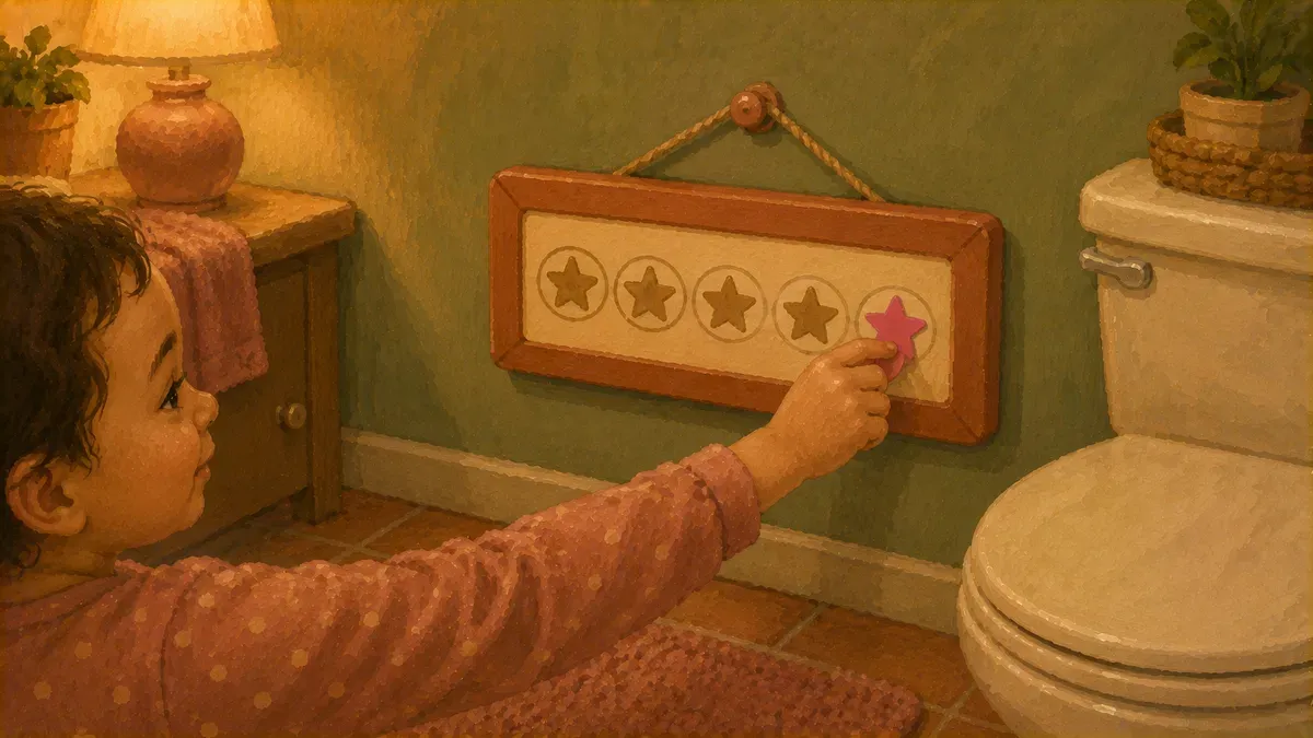 A token board mounted beside the toilet with sticker spaces, a child placing a star token after a successful sit