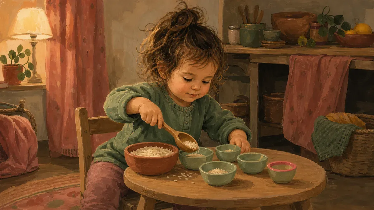 A two-year-old sitting at a low wooden table, scooping dried rice into small bowls with a spoon during a Montessori practical life activity at home.