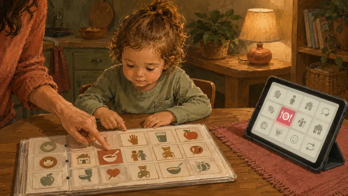 A young child pointing to a picture communication board while seated at a table, with a tablet showing an AAC app open beside it.