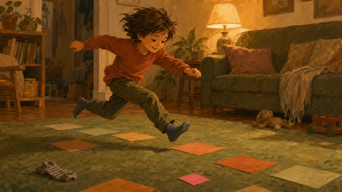 A young child running between colorful paper squares on a living room floor during a movement-based color sorting game.