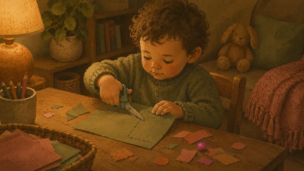 A young child sitting at a table, gripping child-safe scissors and cutting along a dotted line on colorful construction paper.