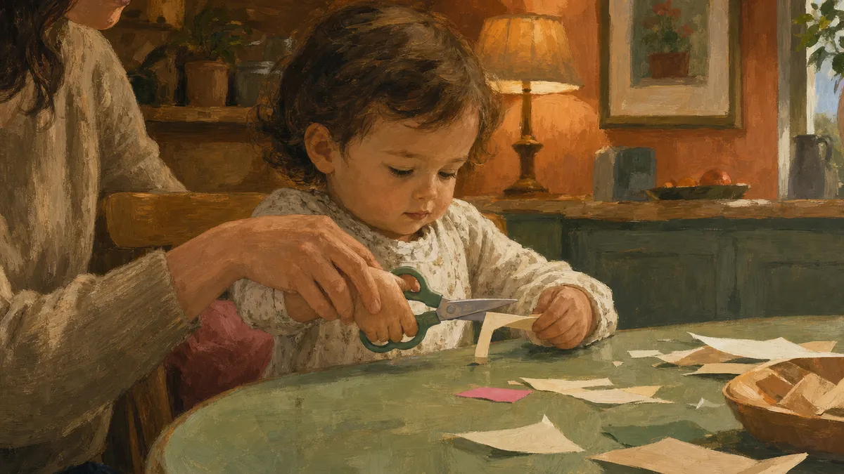 A young child sitting at a table practicing scissor cutting on a strip of paper, guided by an adult hand showing the proper scissor grip.