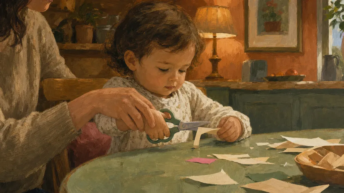 A young child sitting at a table practicing scissor cutting on a strip of paper, guided by an adult hand showing the proper scissor grip.