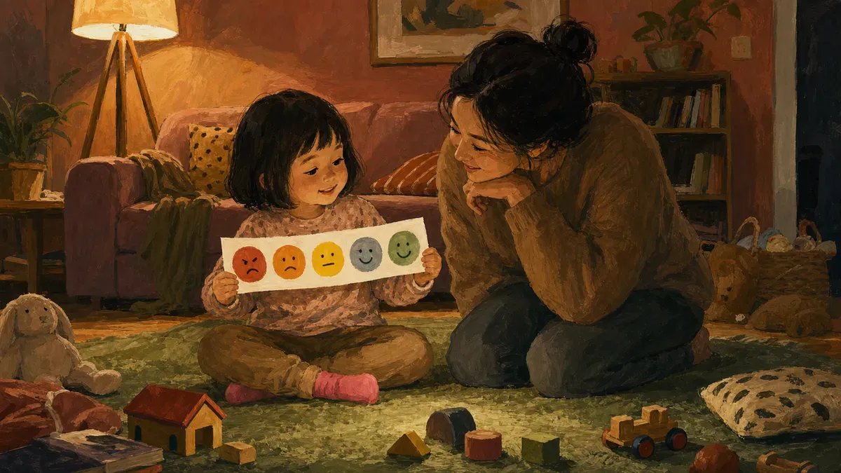 A young child sitting on a colorful rug holding a simple feelings-scale card with illustrated emotion faces, a parent kneeling beside them in a cozy living room.