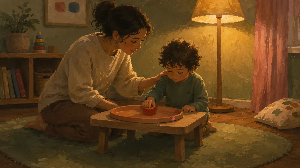 Adult gently guiding a preschooler through a calm one-on-one color matching activity